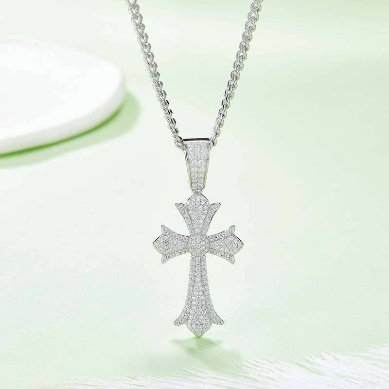 复古豪镶十字架NecklaceS925银PendantMoissanite厘石D级